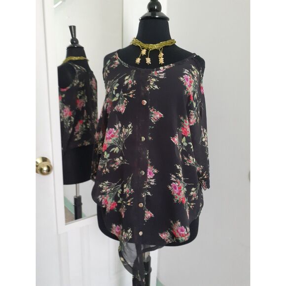 Dresscode Floral Prints Cold Shoulder Hi-Low Hem Chiffon Lightweight Blouse Fits - Picture 3 of 14
